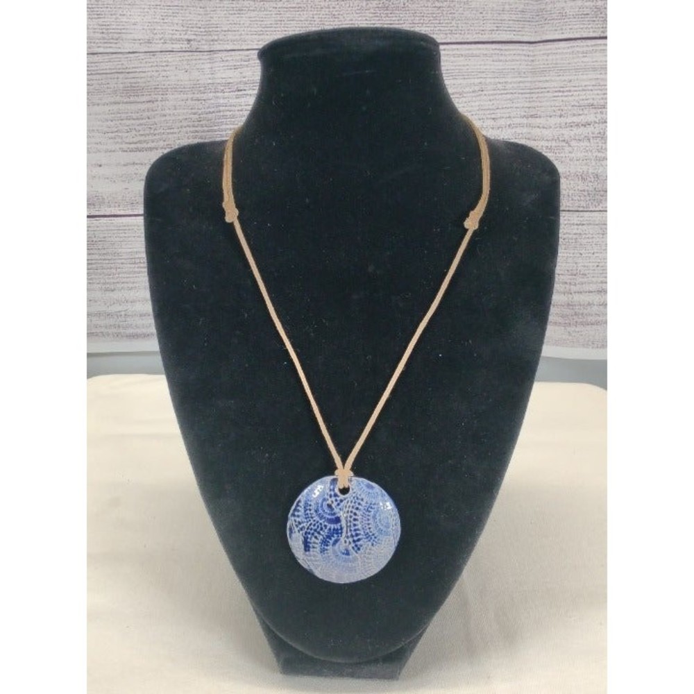 Blue/White Swirl Patterned Handmade Round Pendant with adjustable leather cord - Picture 1 of 3